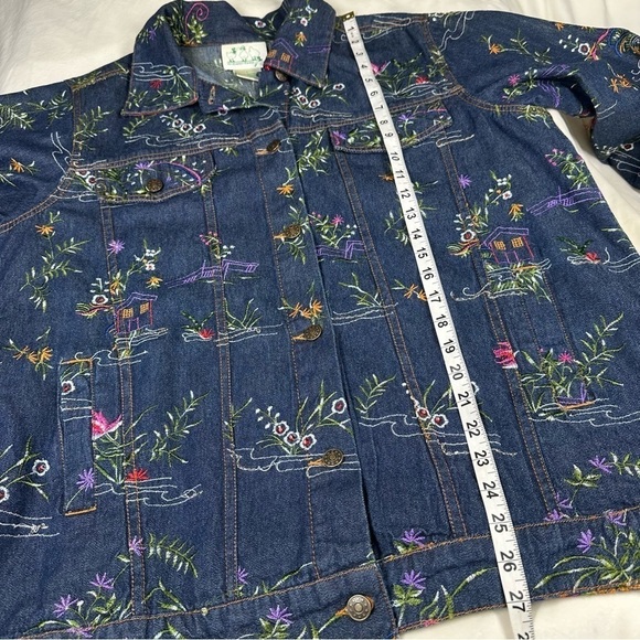 Quacker Factory Jacket Embroidered Floral Blue Denim Jean Trucker Women's Size L - Picture 13 of 13
